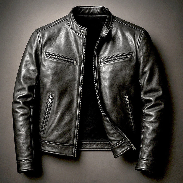Men's Slim Fit Biker Leather Jacket made of Nappa Leather with Stand Collar and Zipper Mune Fashion