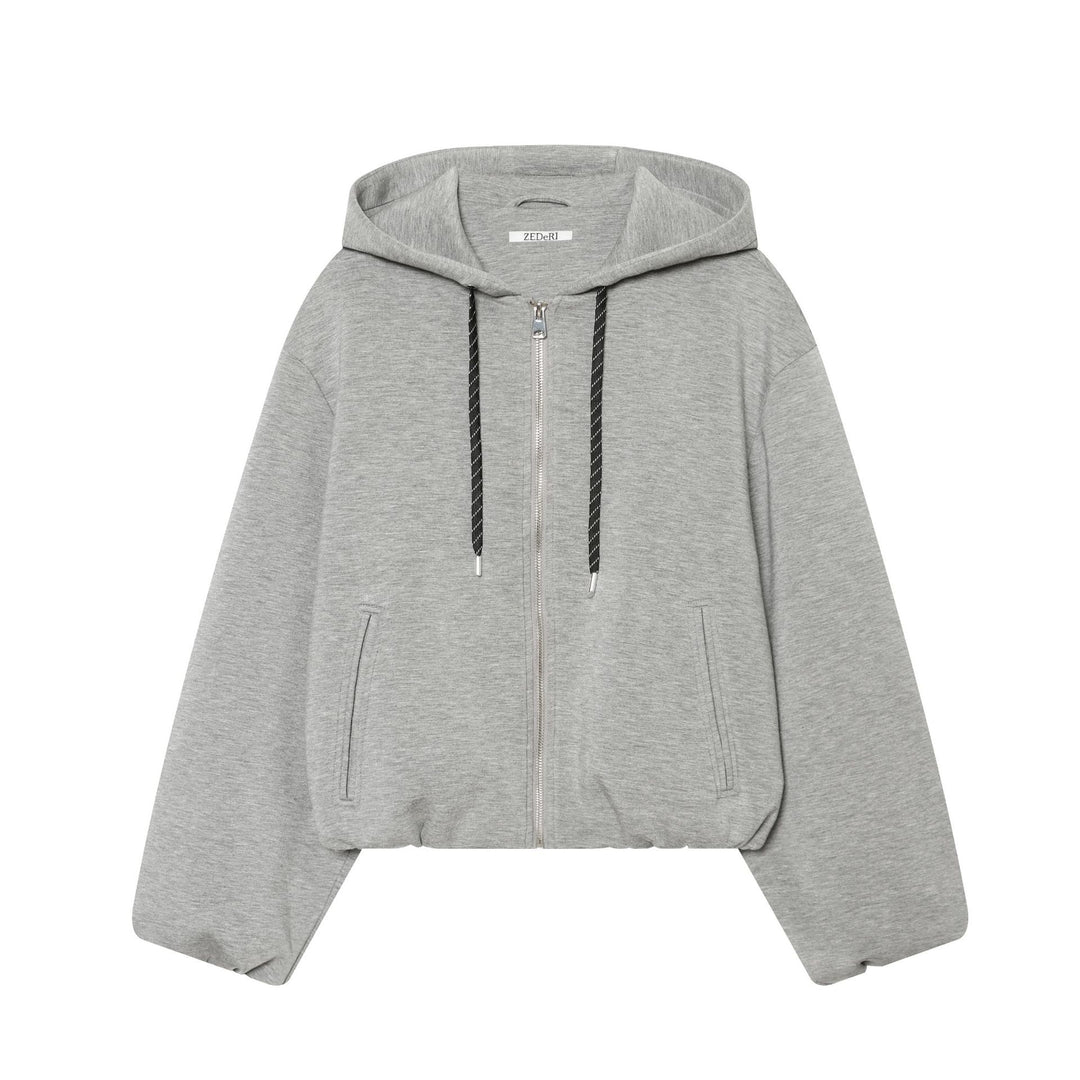 Women's Cropped Boxy Hooded Jacket with Full Zip and Contrasting Drawstring Mune Fashion