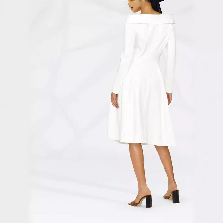 Women's maxi dress in coat look with off-the-shoulder collar and double row Mune Fashion