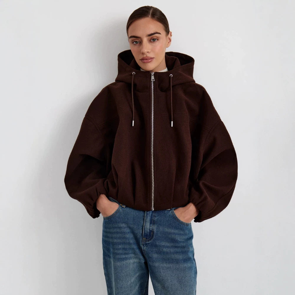 Women’s short jacket made of wool blend with hood, boxy silhouette & gathered hem Mune Fashion