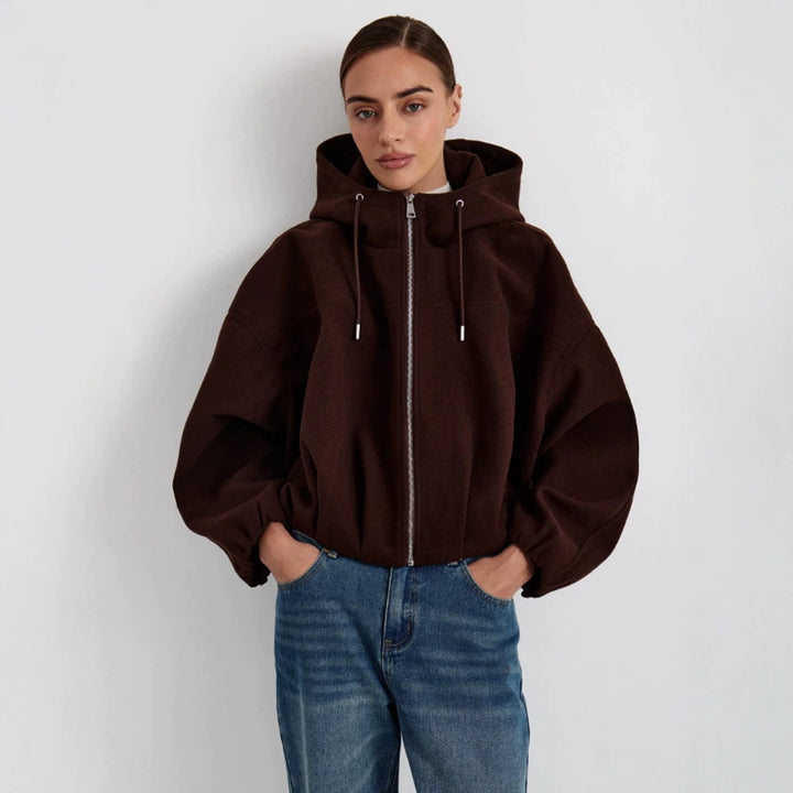 Women’s short jacket made of wool blend with hood, boxy silhouette & gathered hem Mune Fashion