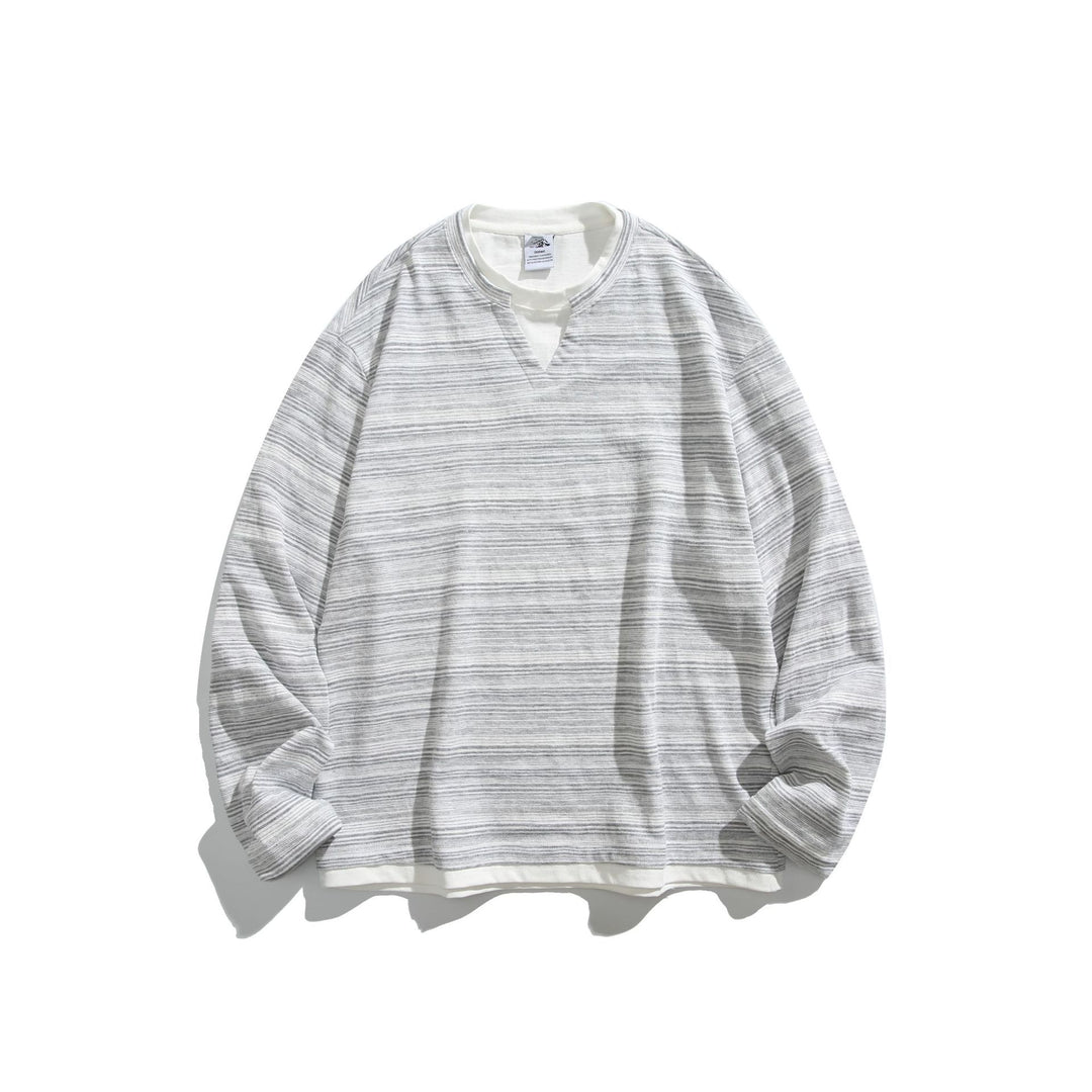 Unisex Striped Long Sleeve Shirt with V-Notch and Layer Effect Mune Fashion