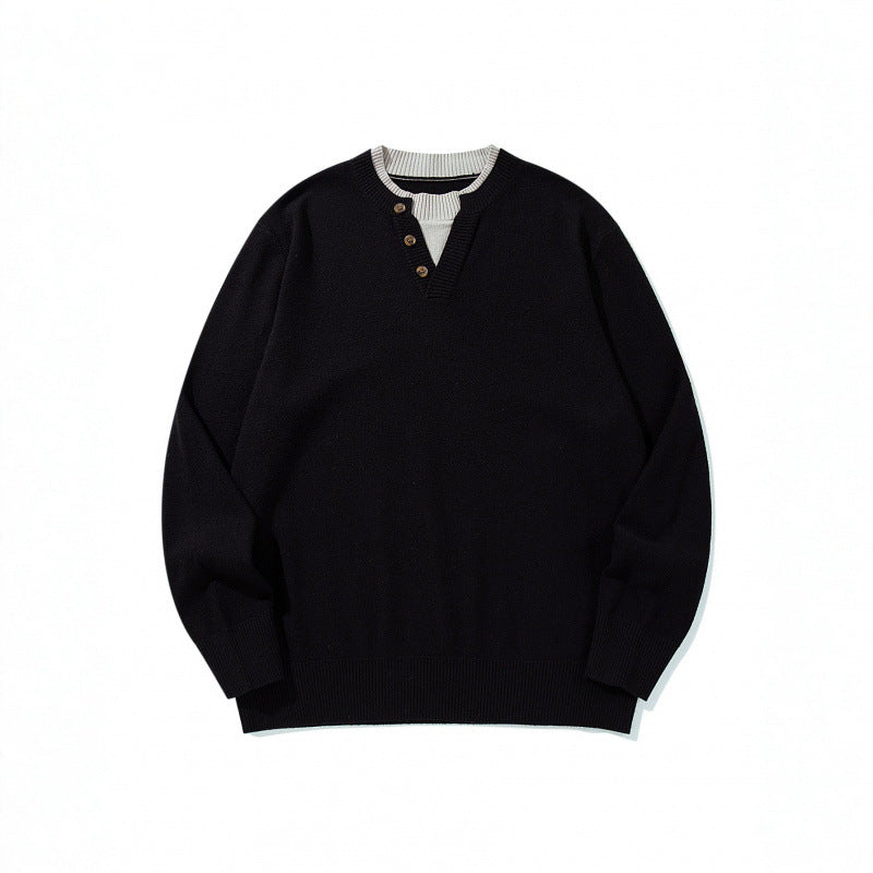 Unisex knit sweater with Henley button placket, contrast collar and boxy cut Mune Fashion