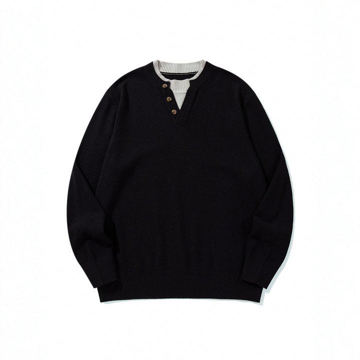 Unisex knit sweater with Henley button placket, contrast collar and boxy cut Mune Fashion