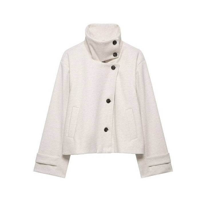 Women's Short Boxy Wool Coat with Asymmetrical Button Placket and Stand-up Collar Mune Fashion