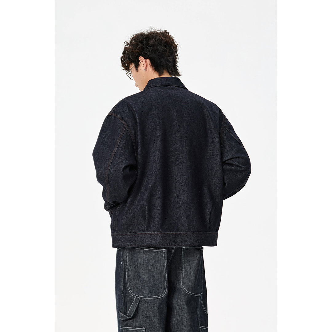 Men's Loose-Fit Denim Worker Jacket with Hidden Zipper and Slanted Chest Pocket Mune Fashion