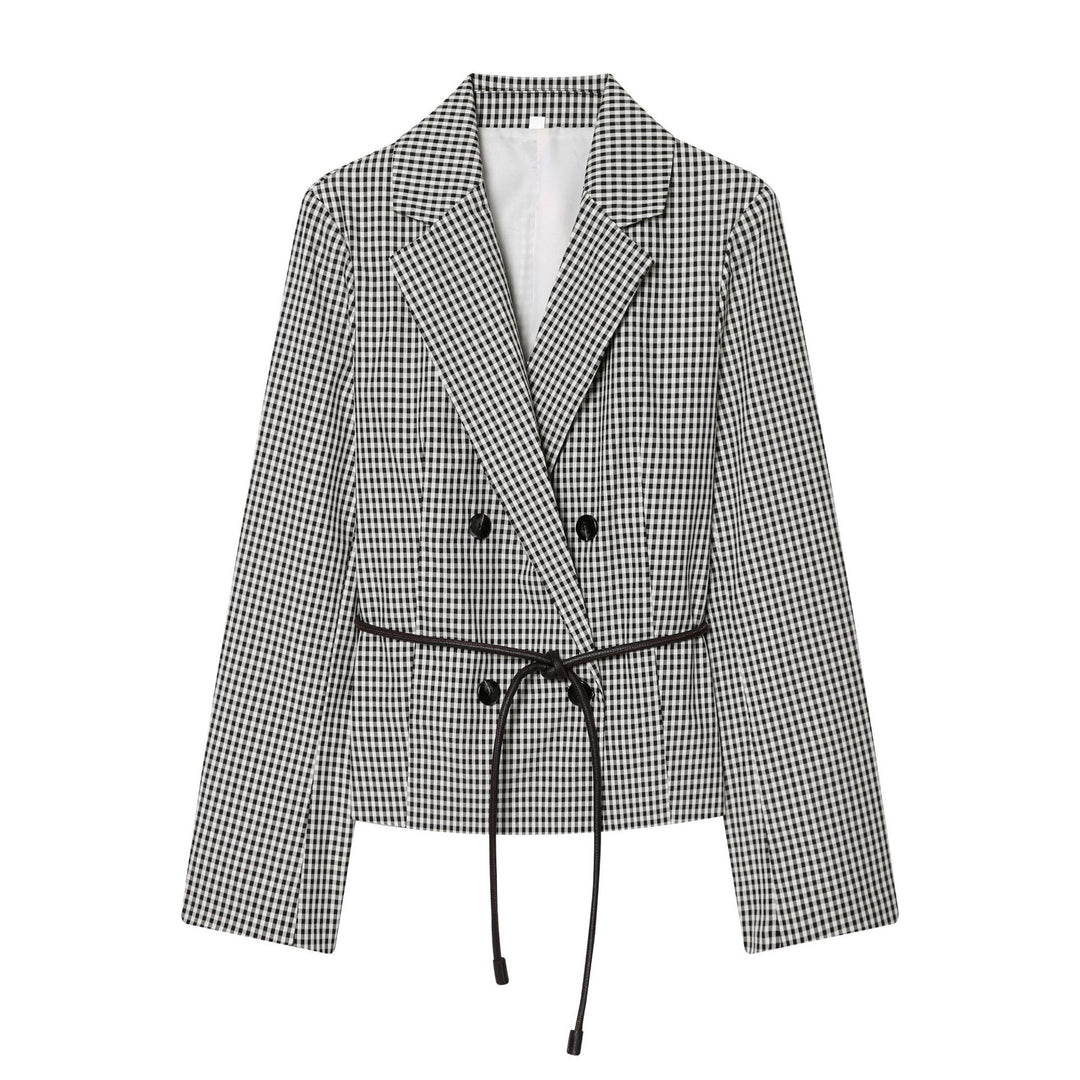 Women's fitted double-breasted blazer with drawstring and checked pattern Mune Fashion