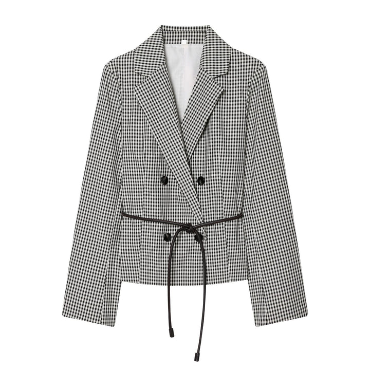 Women's fitted double-breasted blazer with drawstring and checked pattern Mune Fashion