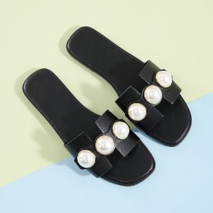 Ladies' flat slide sandal with large decorative pearls and gold-trimmed applications padded comfort footbed Mune Fashion