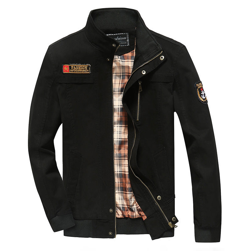Men's canvas bomber jacket with checked lining, stand collar and badge appliqués Mune Fashion