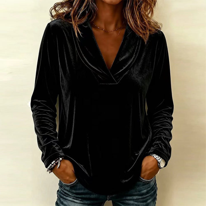 Ladies Velour Long Sleeve with Deep Shawl Collar and Rounded Hem Mune Fashion