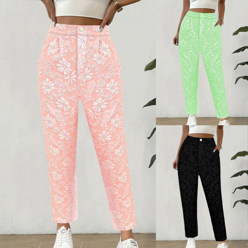Women's high-waisted pleated trousers with floral jacquard and straight leg Mune Fashion