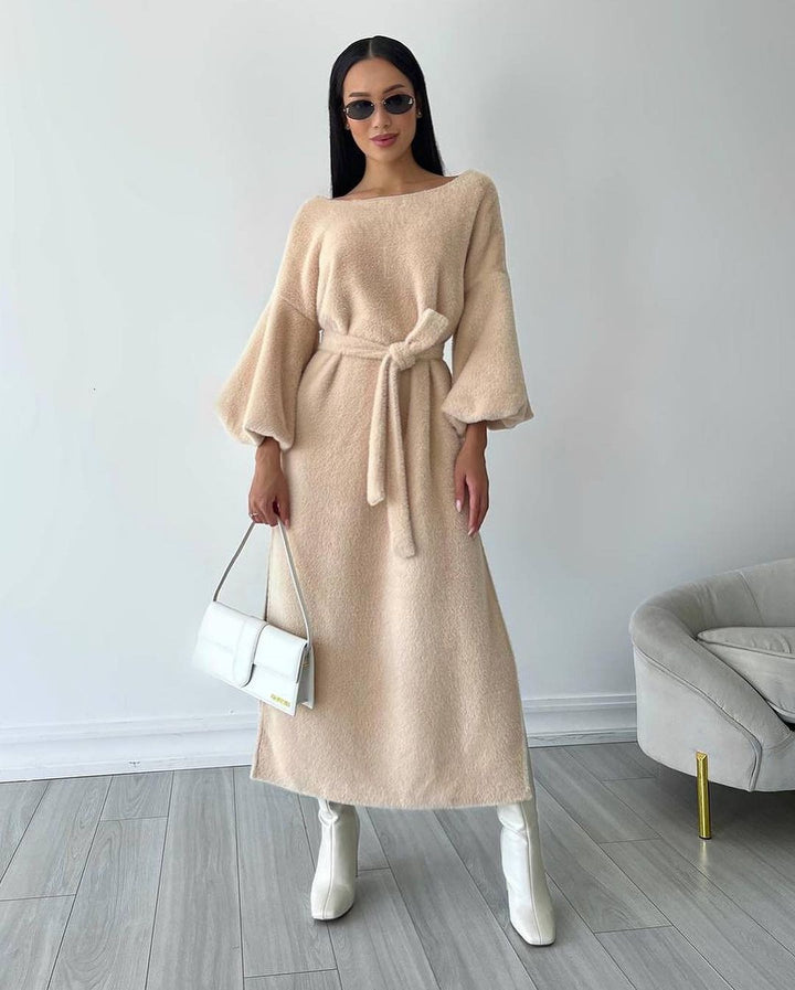 Women's Cozy Midi Dress with Tied Belt and Balloon Sleeves Mune Fashion