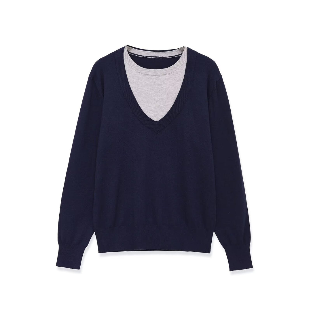 Women's layered pullover with deep V-neck and integrated round neck inlay Mune Fashion