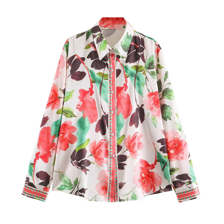 Women's lightweight silk-like shirt blouse with watercolor flower print and contrast trim Mune Fashion