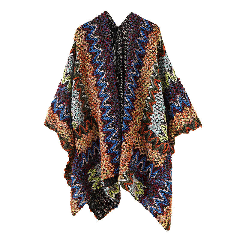 Women's Chunky Knitted Ethno-Ruana-Poncho with Zigzag Jacquard and Open Fall Mune Fashion