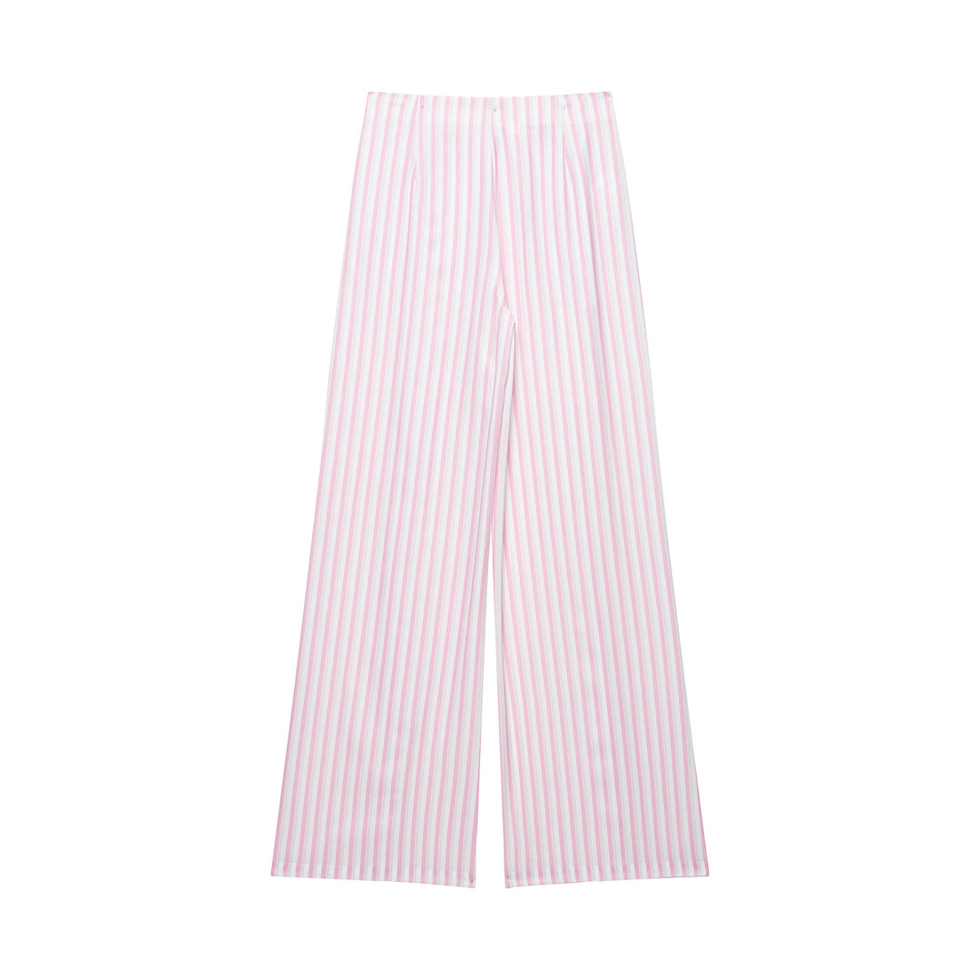 Ladies Light Highwaist Palazzo Pants with Wide Leg, Drawstring and Vertical Stripe Pattern Drune