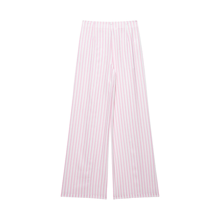 Ladies Light Highwaist Palazzo Pants with Wide Leg, Drawstring and Vertical Stripe Pattern Drune
