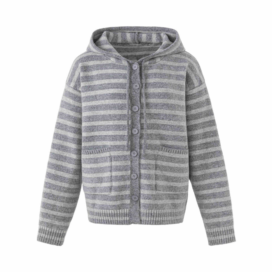 Women's hooded cardigan with button placket and block stripes Mune Fashion