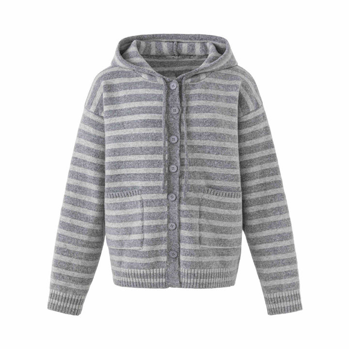 Women's hooded cardigan with button placket and block stripes Mune Fashion