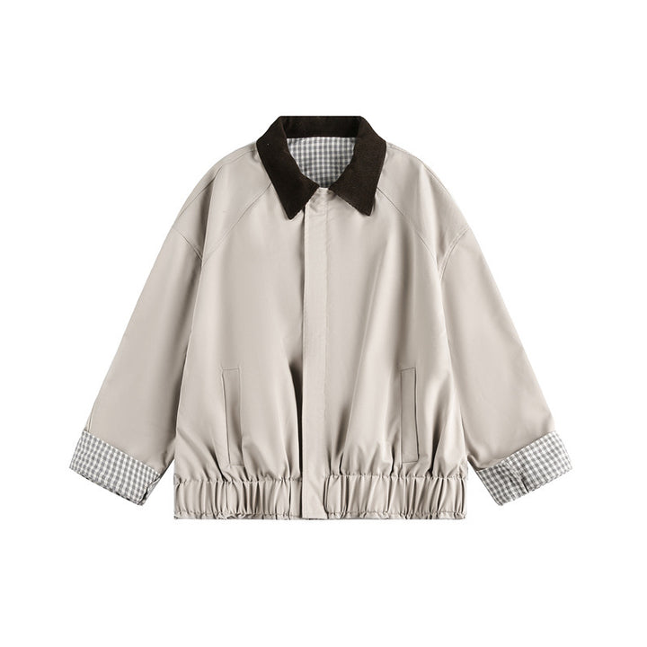Unisex Short Cut Boxy Blouson Jacket with Cord Collar and Checked Sleeve Cuff Mune Fashion