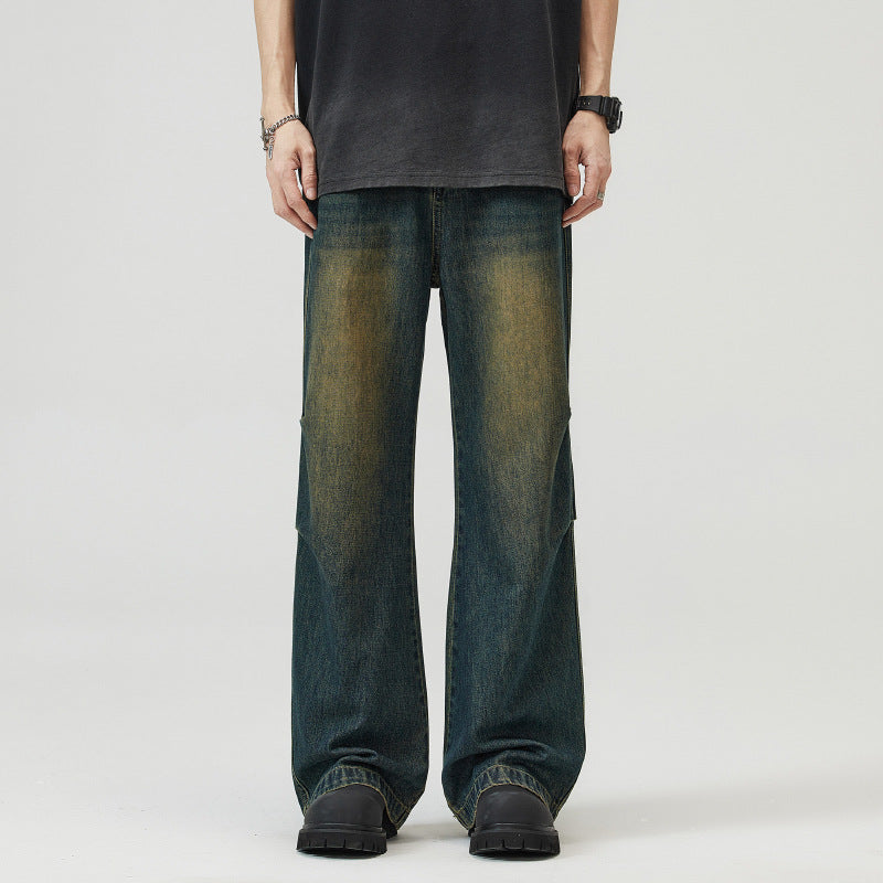 Men's Panel Denim Baggy Pants with Drop Crotch and Used-Fade Mune Fashion