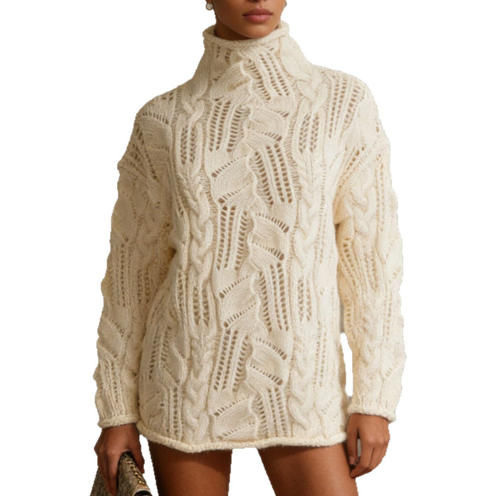 Women's Oversize Turtleneck Sweater with Openwork Cable Pattern Mune Fashion