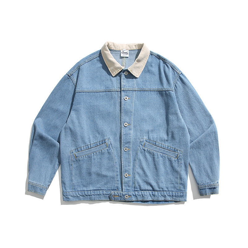 Unisex Boxy Jeans Jacket with Cord Collar, Snap Button Placket and Side Pockets Mune Fashion