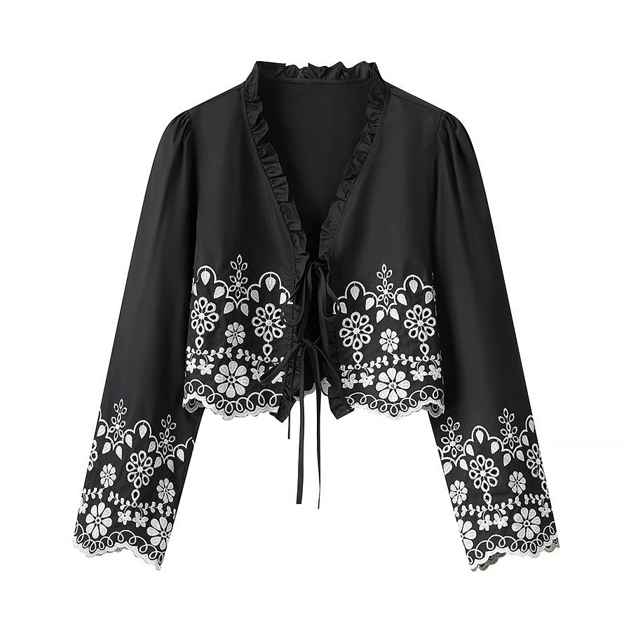 Ladies Embroidered Short Bolero with Ruffled V-Neck and Lacing Closure Mune Fashion