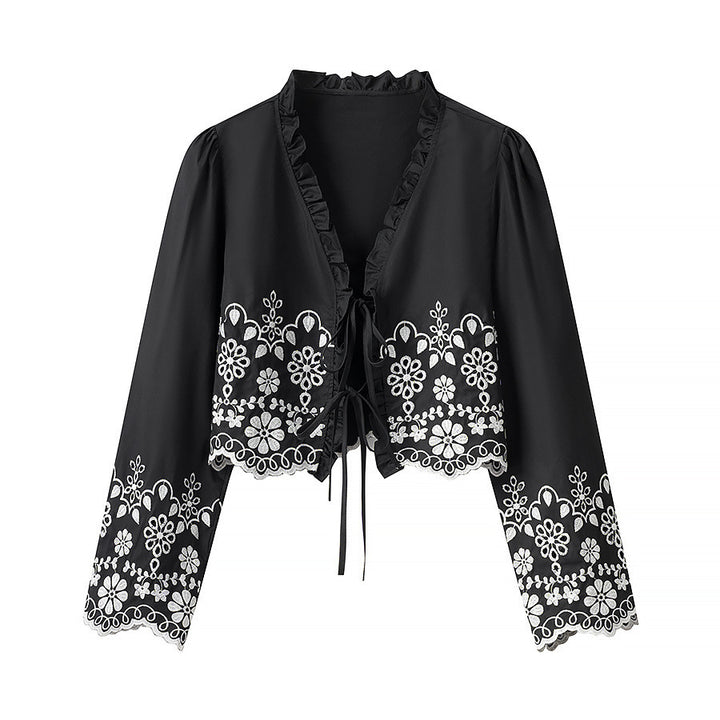 Ladies Embroidered Short Bolero with Ruffled V-Neck and Lacing Closure Mune Fashion