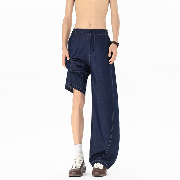 Men's Asymmetrical Two-Layer Jeans Pants with a Shorts and a Wide-Leg Side Mune Fashion