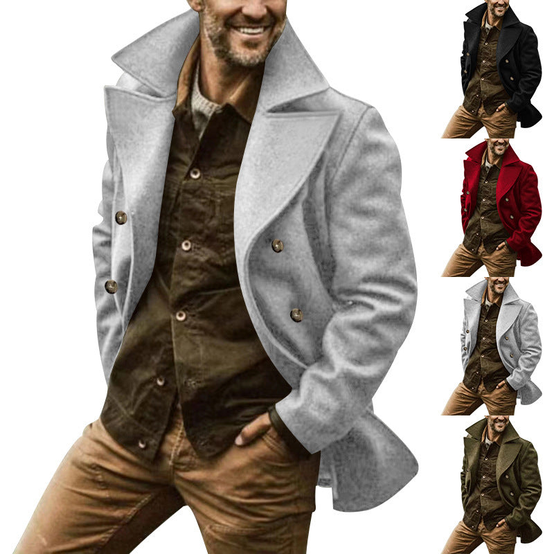 Men's short coat in marine style made of wool blend with double button placket and large lapel Mune Fashion