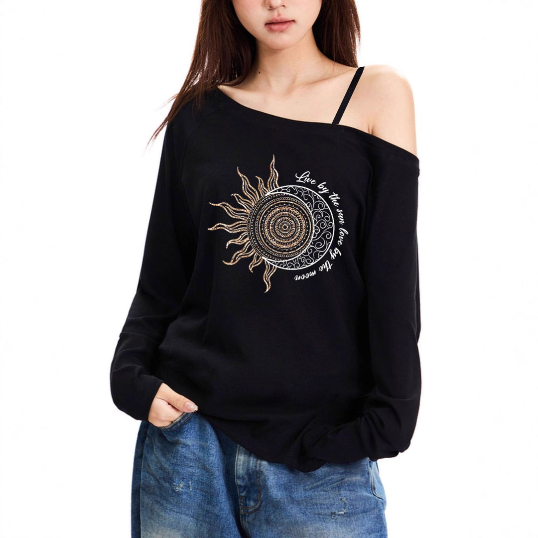 Women's Casual Off-Shoulder Long Sleeve Shirt with Asymmetrical Neckline and Detailed Sun-Moon Mandala Print Mune Fashion
