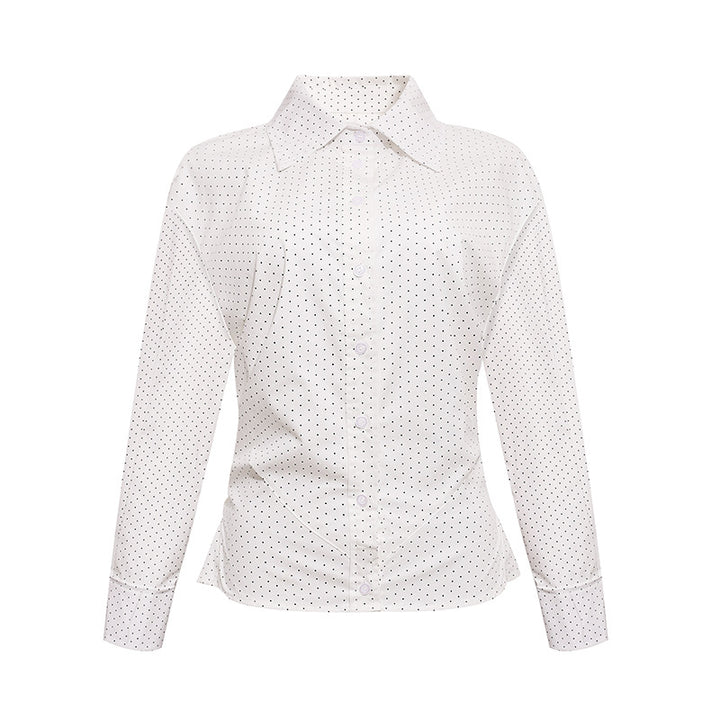 Women's Fitted Long Sleeve Blouse Shirt with Polka Dot Pattern and Shaped Darts