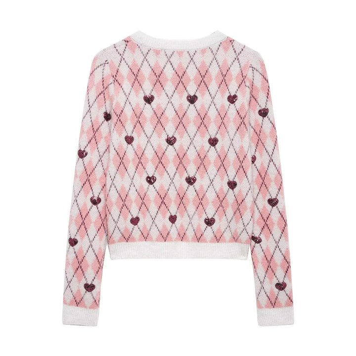 Women's playful argyle knit sweater with sequin hearts and round neckline Mune Fashion