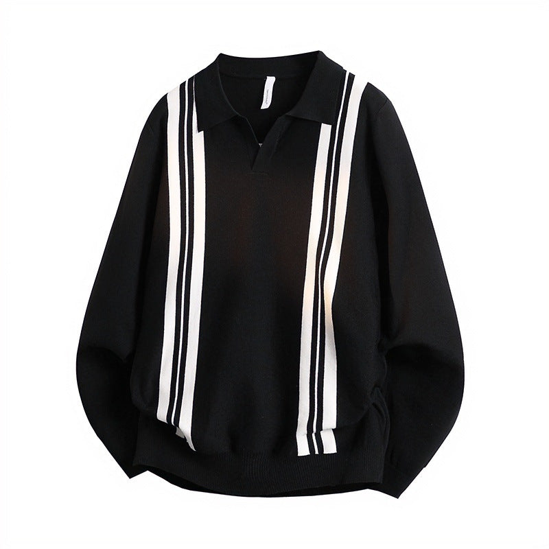 Unisex fine knit polo with open V-neck and vertical contrast stripes Mune Fashion