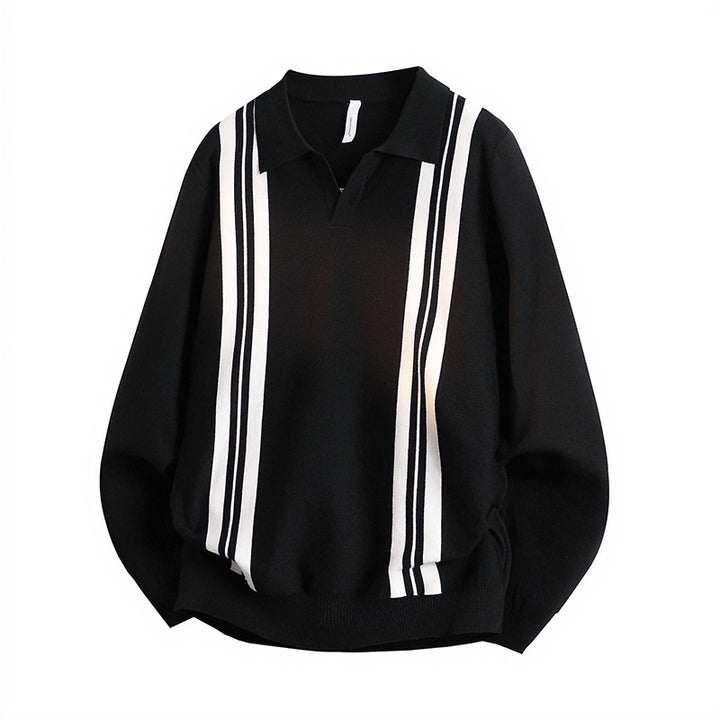 Unisex fine knit polo with open V-neck and vertical contrast stripes Mune Fashion