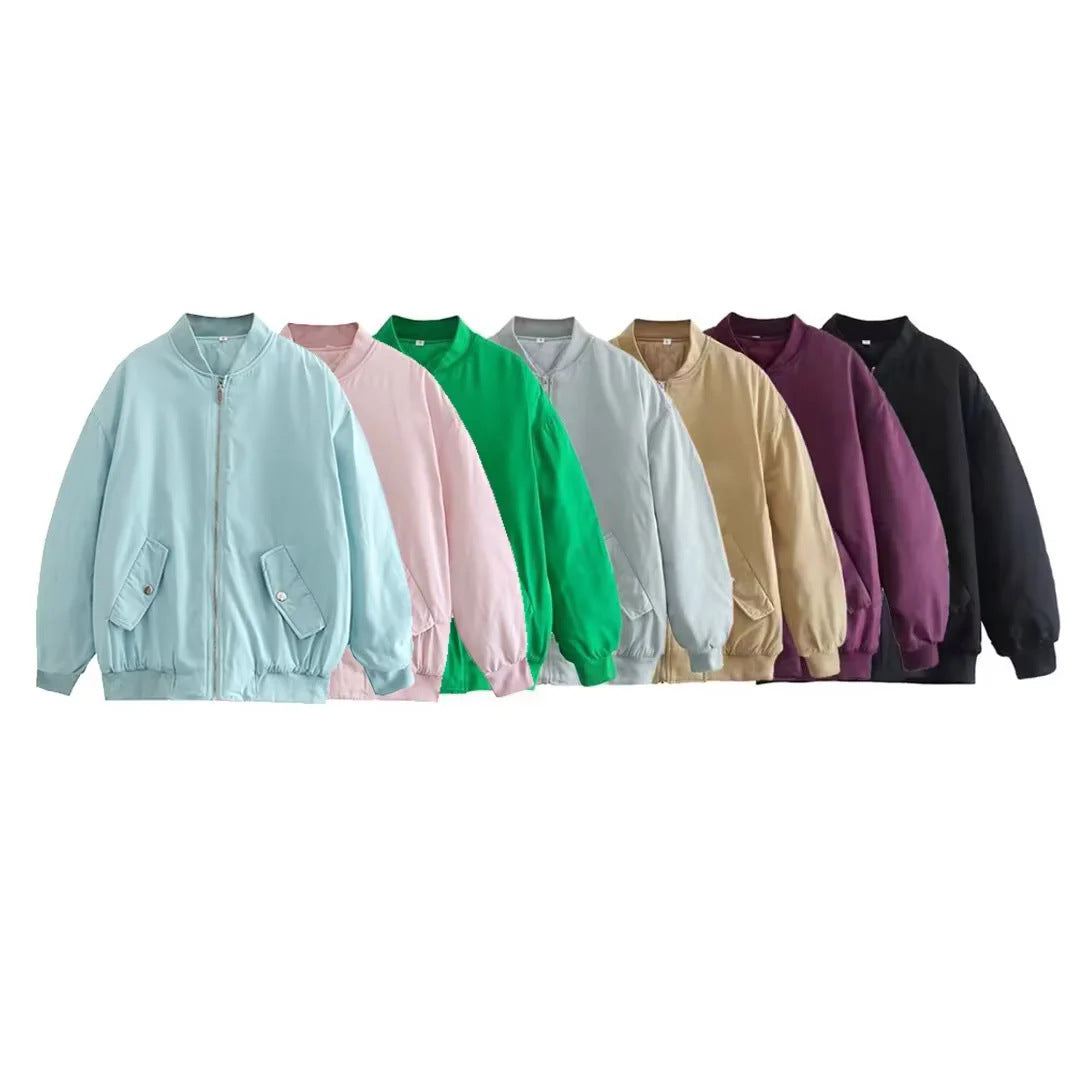 Ladies oversized bomber jacket with stand-up collar, zipper and snap button pockets Mune Fashion