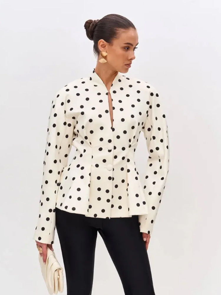 Women's Polka Dot Fitted Peplum Blouse with Stand-up Collar and Concealed Button Placket Mune Fashion