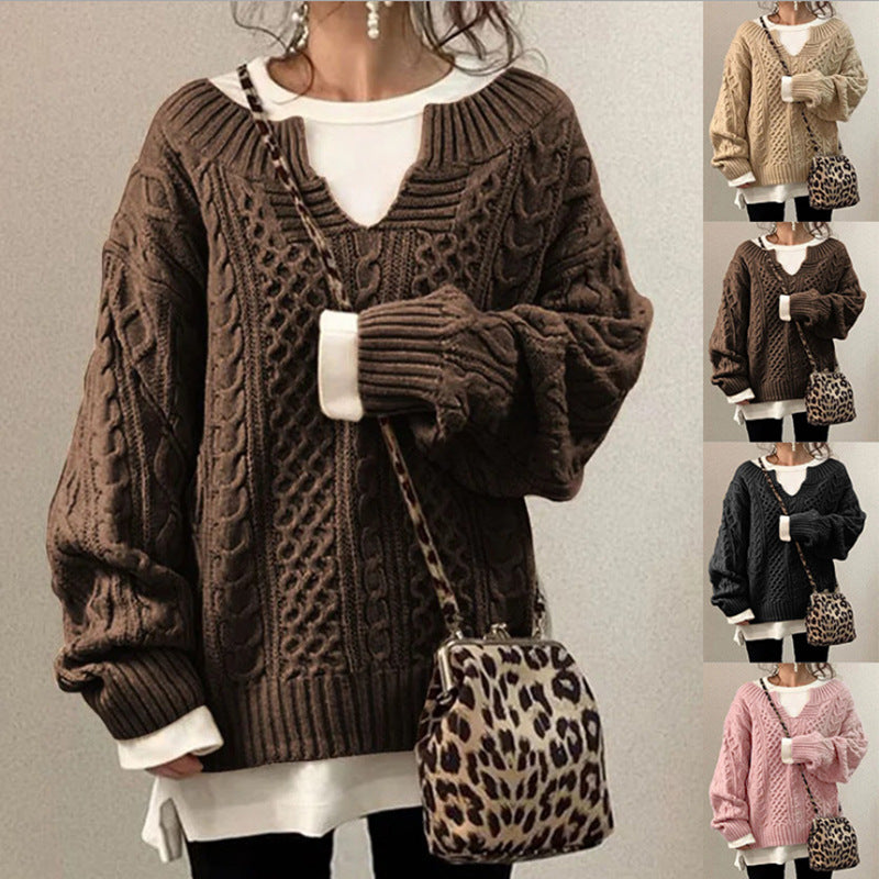 Women's oversized knitted sweater with cable pattern and V-neck Mune Fashion