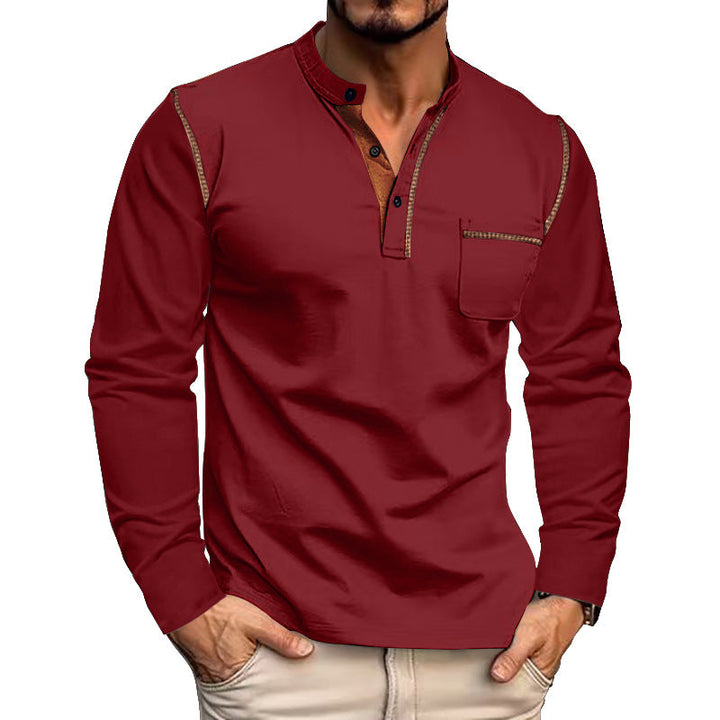 Men's Long Sleeve Shirt with Casual Stand-Up Collar and Contrasting Accents Mune