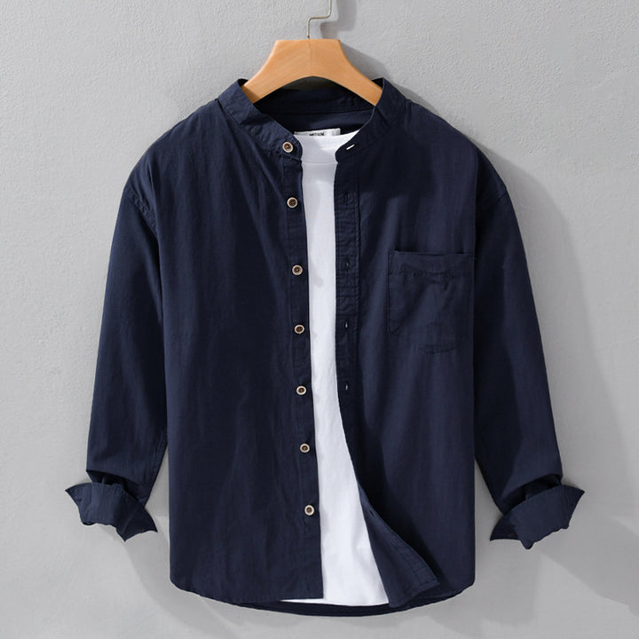 Men's shirt jacket in Mandarin style made of cotton twill, relaxed fit, with patch chest pocket and wooden buttons Mune Fashion