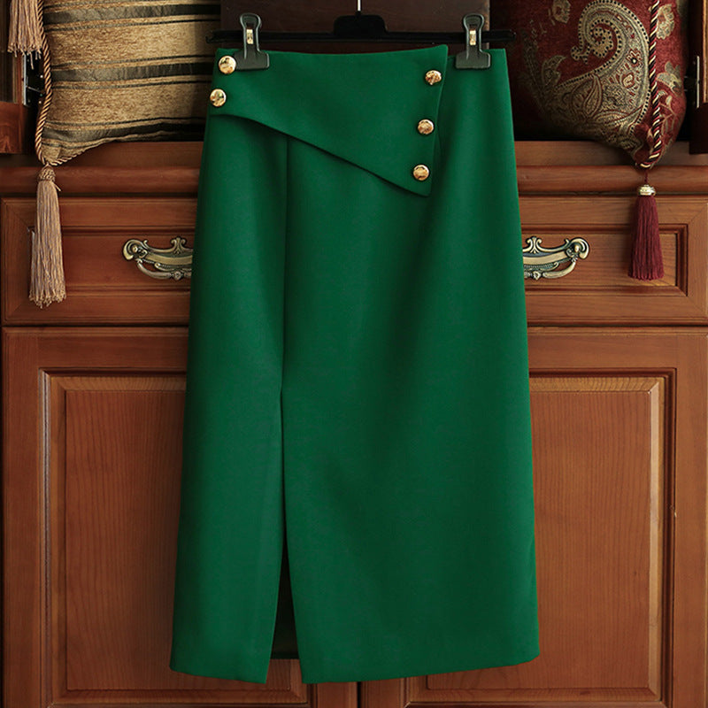 Women's Elegant Midi Skirt with Asymmetrical Cut and Gold Buttons Mune Fashion
