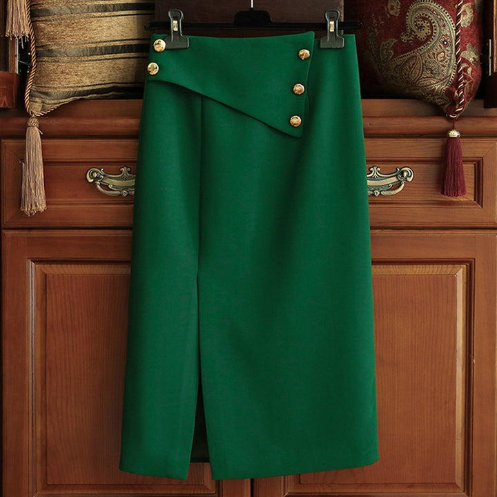 Women's Elegant Midi Skirt with Asymmetrical Cut and Gold Buttons Mune Fashion