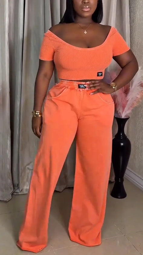Women's off-the-shoulder ribbed crop top with wide-cut, high-waisted palazzo pants Mune Fashion