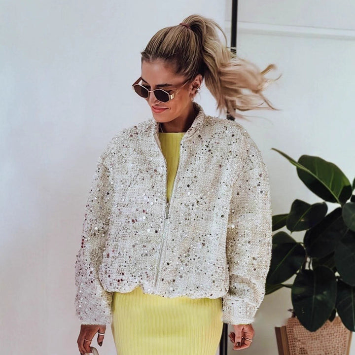 Women's sequin bomber jacket with zip, loose boxy silhouette and decorative glitter appliqués Mune Fashion