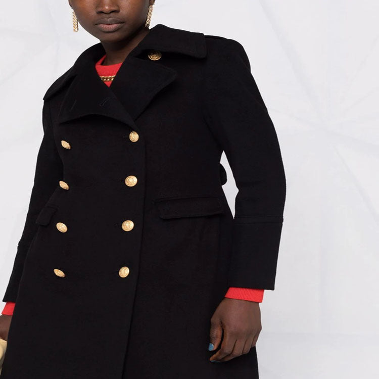 Women Tailored Double-Breasted Coat in Marine Style with Golden Decorative Buttons and Flap Pockets Mune Fashion
