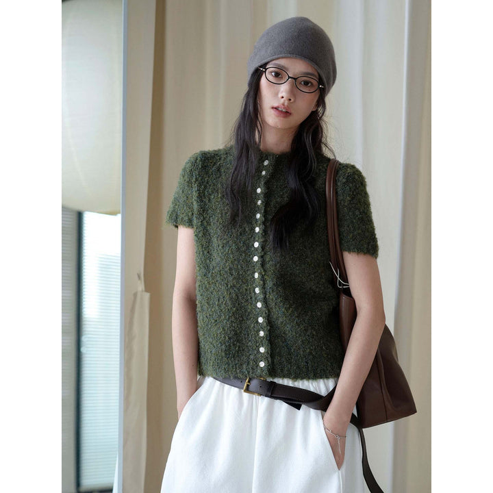 Women Short-cut Boucle Knit Vest with Button Placket Mune Fashion