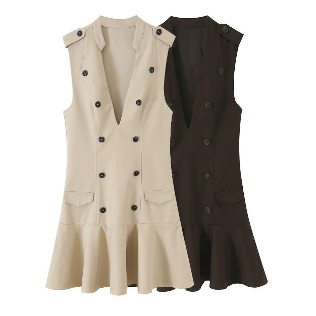 Women's sleeveless blazer dress in trench style with double-breasted button placket and flared hem Mune Fashion