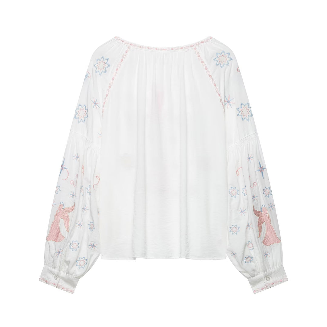 Women Embroidered Airy Boho Tunic with Tassel Band and Balloon Sleeves Mune Fashion